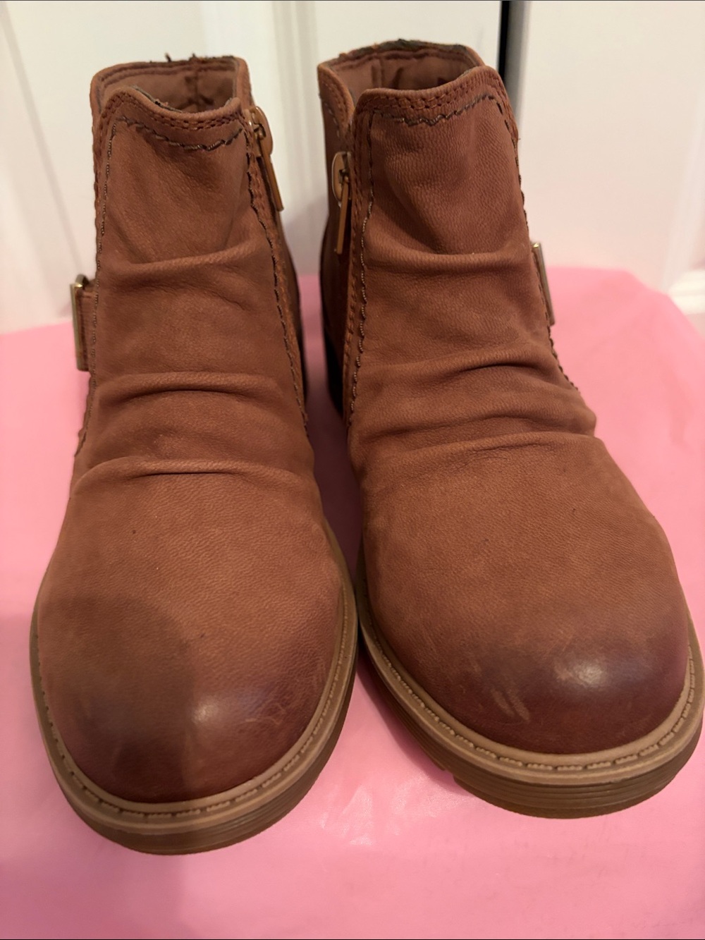 Clarks Chestnut Brown Leather Ankle Booties with Side Zip